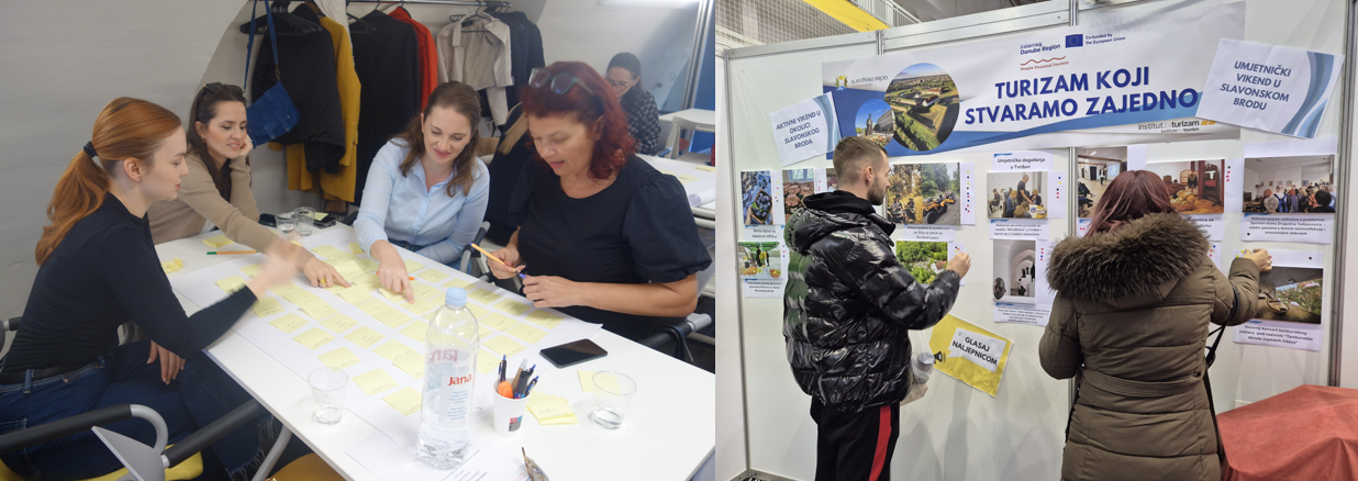 A two-photo montage showing stakeholders developing ideas around a table and members of the wider community responding to tourism proposals at the Katarinski Fair.