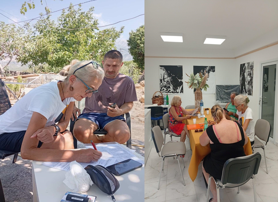 A two-photo montage showing a local resident and project representative reviewing plans outdoors, and community members discussing the pilot together around a table.