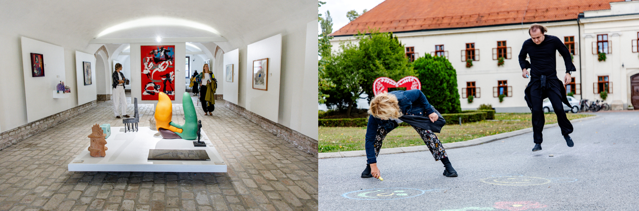 A two-photo montage showing visitors in the Ružić Gallery and an interactive theatrical performance taking place outdoors at Brod Fortress.