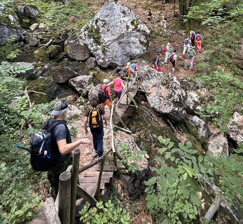 A group of visitors and guides pause together on a sunny mountain road at the beginning of the Borov Kamak eco-trail near Zgorigrad.
