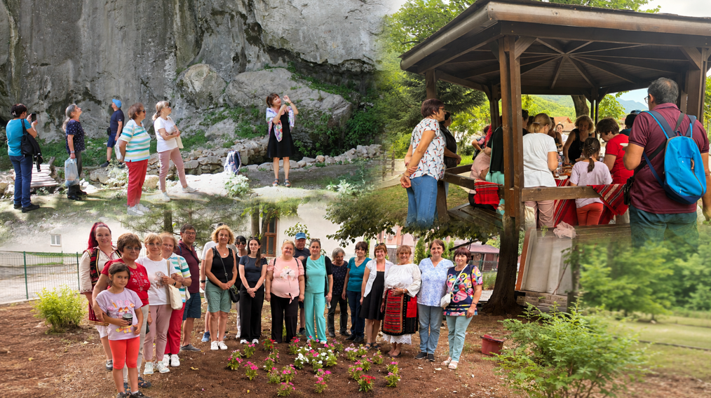 A montage of community members and visitors gathering at the St. Ivan Pusti Monastery, around a table and in the Garden of the World in Bistrets.