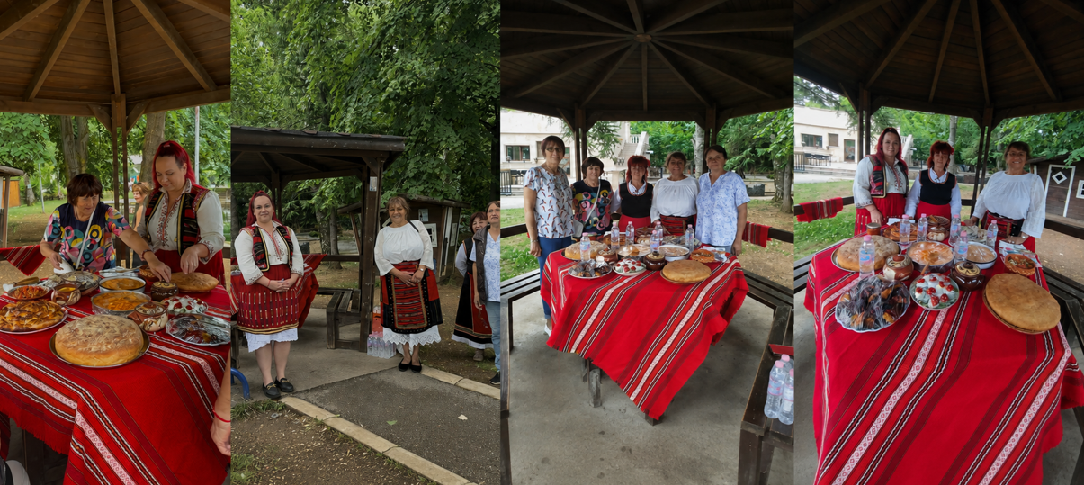 Local women in traditional dress present dishes beside an open-air oven while visitors take part in the Bistrets culinary experience.